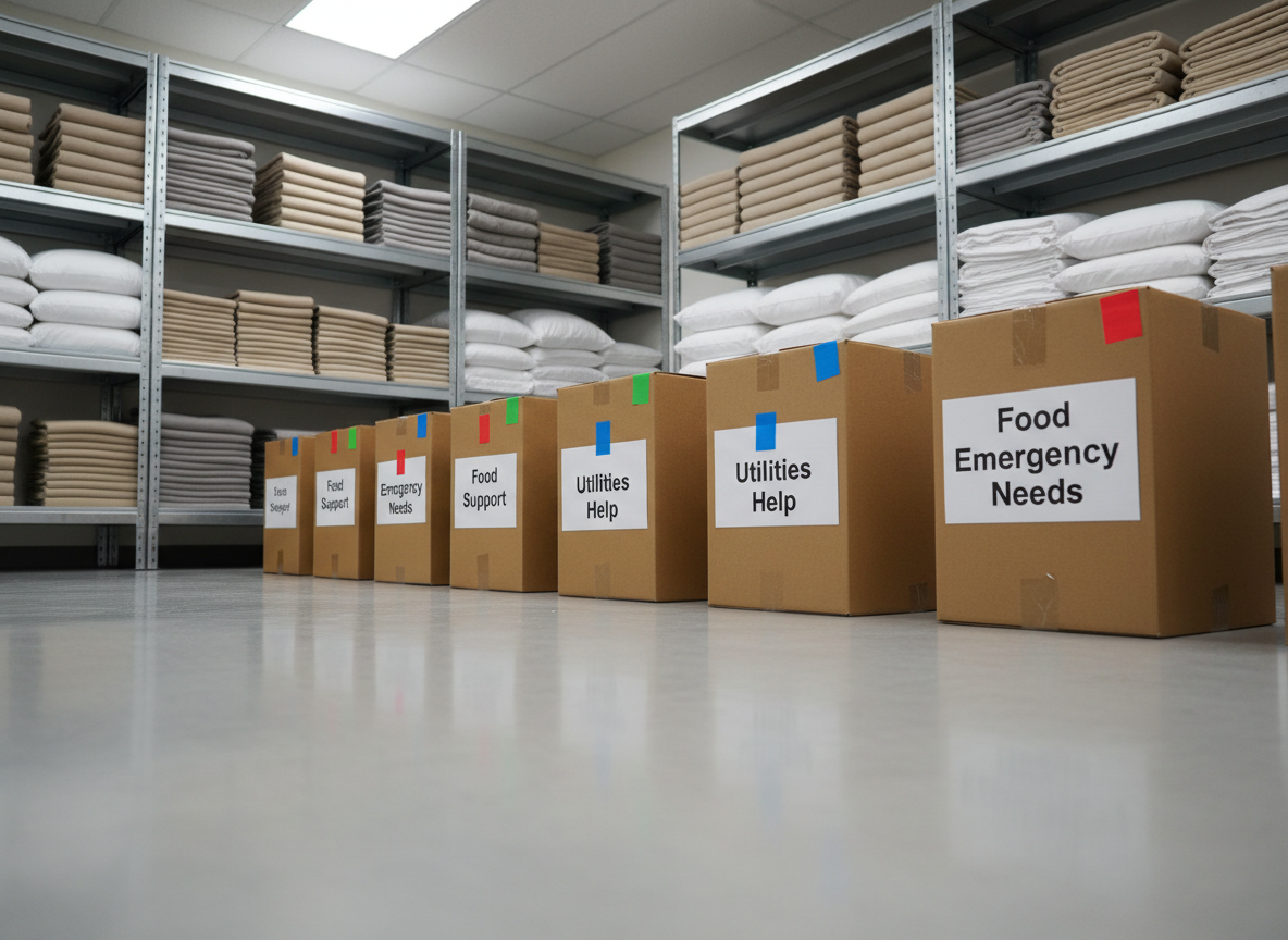A row of medium-sized, unbranded cardboard donation boxes, each meticulously sealed and labeled with bold, black printed categories such as “Food Support,” “Utilities Help,” and “Emergency Needs,” lines a polished concrete floor. Brightly colored adhesive tabs in red, blue, and green mark priority levels on the box edges. Behind them, neatly stacked blankets and folded plain bedding sit on metal shelving, all precisely aligned. Overhead fluorescent lighting casts a bright, even wash over the space, producing clean, defined but soft-edged shadows beneath each box. Captured in photographic realism from a low, slightly angled perspective along the row of boxes, the image uses leading lines to suggest readiness, efficiency, and a well-organized mutual aid operation.