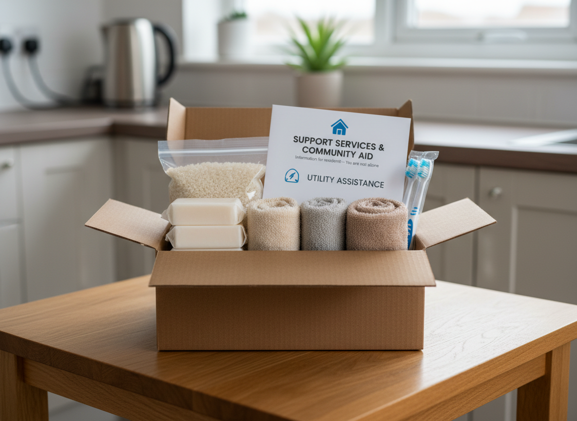 A small kitchen table made of warm oak holds an open cardboard box filled with carefully arranged essential items: individually wrapped bars of soap, neatly rolled towels in soft neutral colors, sealed toothbrushes, a small bag of rice, and a labeled envelope for utility assistance. A plain, reassuring information leaflet about support services rests on top, perfectly flat. Overcast window light from behind the camera creates even, shadow-soft illumination, minimizing contrast and emphasizing clarity and cleanliness. The background shows a modest, uncluttered kitchen counter with a kettle and a single plant blurred into soft bokeh. Photographic realism at eye level, with a centered composition, creates a grounded, comforting, practical mood.