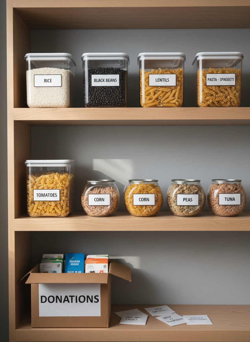 A neatly organized community pantry shelf, filled with labeled clear containers of rice, beans, pasta, and canned goods, each container spotless with simple white labels and black lettering. The shelves are light maple wood, freshly wiped, and stand against a soft gray wall. A donation box sits on a lower shelf, open to reveal neatly stacked grocery gift cards and folded notes of encouragement. Natural daylight from an unseen window washes across the scene from the left, creating gentle shadows and a calm, reassuring glow. Photographic realism at eye level with a slightly shallow depth of field keeps the front containers crisp while the back shelves soften, conveying an orderly, trustworthy, professional atmosphere.