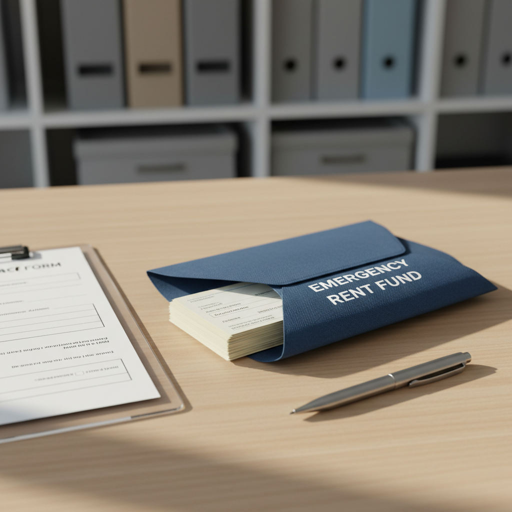 A sturdy, dark-blue fabric envelope labeled “Emergency Rent Fund” in clean white print lies on a smooth, light-wood desk. Inside, crisp bank checks and vouchers peek out, edges aligned, with a silver ballpoint pen resting parallel to the envelope. A minimalist clipboard with a clearly printed, partially filled assistance form sits nearby. Soft, diffused afternoon light enters from the right, reflecting subtly off the pen and creating gentle, professional shadows. The background shows an out-of-focus office shelf with neatly arranged folders in muted tones. Shot in photographic realism from a slightly elevated angle, the composition follows the rule of thirds, evoking reliability, discretion, and structured support.